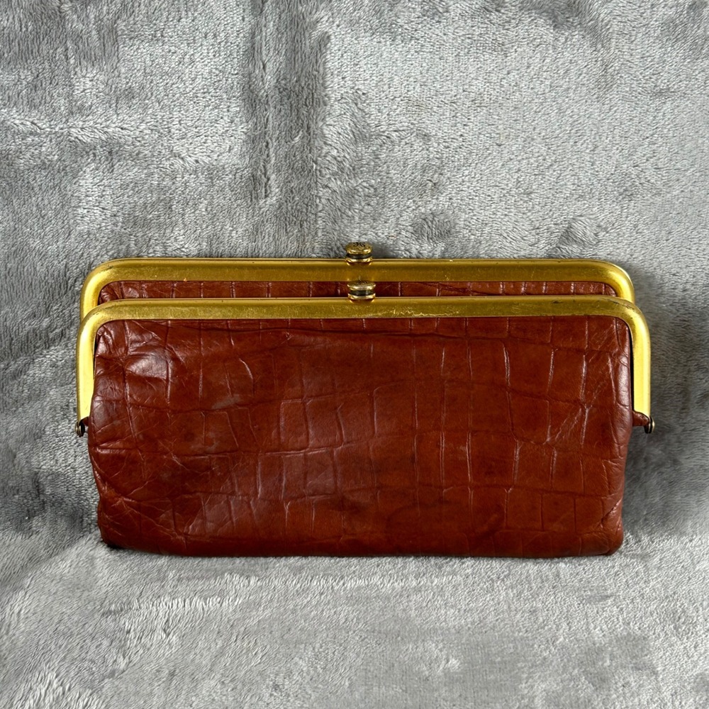 Hobo Lauren Double Frame Wallet Brown Crocodile Embossed Leather Kiss Lock